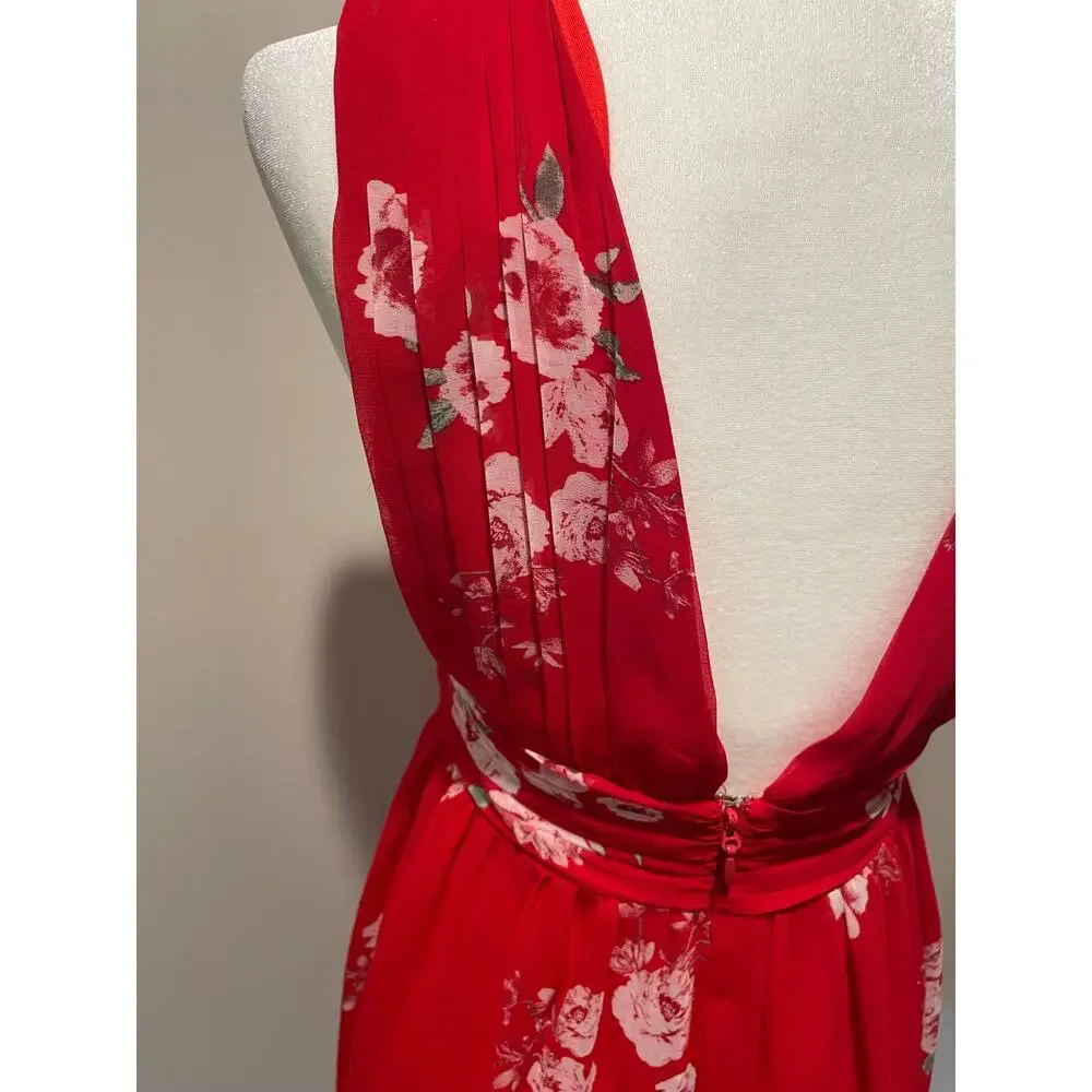 Lulus Milana Red Floral Mini Dress Sz S Ruched Plunge Neckline Flirty Party - Picture 9 of 16
